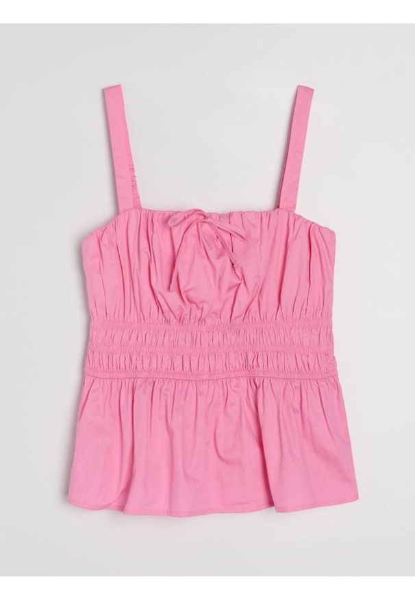 Sinsay - Bawełniany top z marszczeniami - różowy. Kolor: różowy. Materiał: bawełna