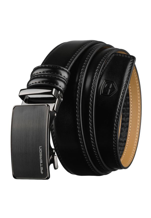 Pasek męski z automatyczną klamrą wykonany ze skóry naturalnej w czarnym kolorze PetersonPTN A019-AS. Kolor: czarny. Materiał: skóra. Styl: elegancki