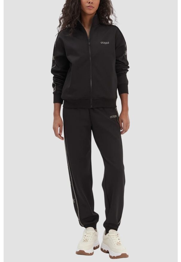 Guess - GUESS Czarna rozpinana bluza damska z lamapsami i cyrkoniami Octavia, Rozmiar M. Okazja: na co dzień. Kolor: czarny. Styl: casual, sportowy, elegancki