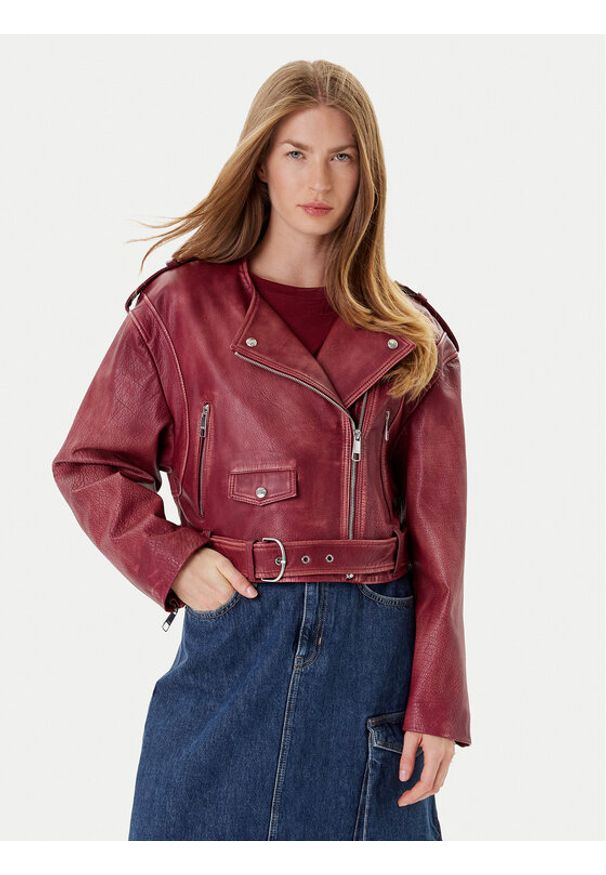 BOSS Kurtka skórzana C_Sadora 50543026 Bordowy Regular Fit. Kolor: czerwony. Materiał: skóra