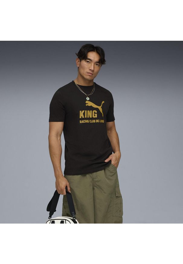 Puma - Męska koszulka z logo RC Lens KING PUMA Black Matte Gold Beige. Kolor: czarny, beżowy, wielokolorowy, żółty. Sport: piłka nożna