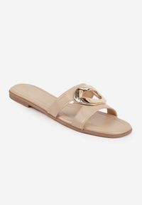 Born2be - Ciemnobeżowe Klapki Ozdobione Geometryczną Klamrą i Wycięciami Felixis. Okazja: na co dzień, do pracy, na spacer. Kolor: beżowy. Materiał: jeans. Wzór: geometria, aplikacja. Sezon: lato. Styl: casual, klasyczny #5