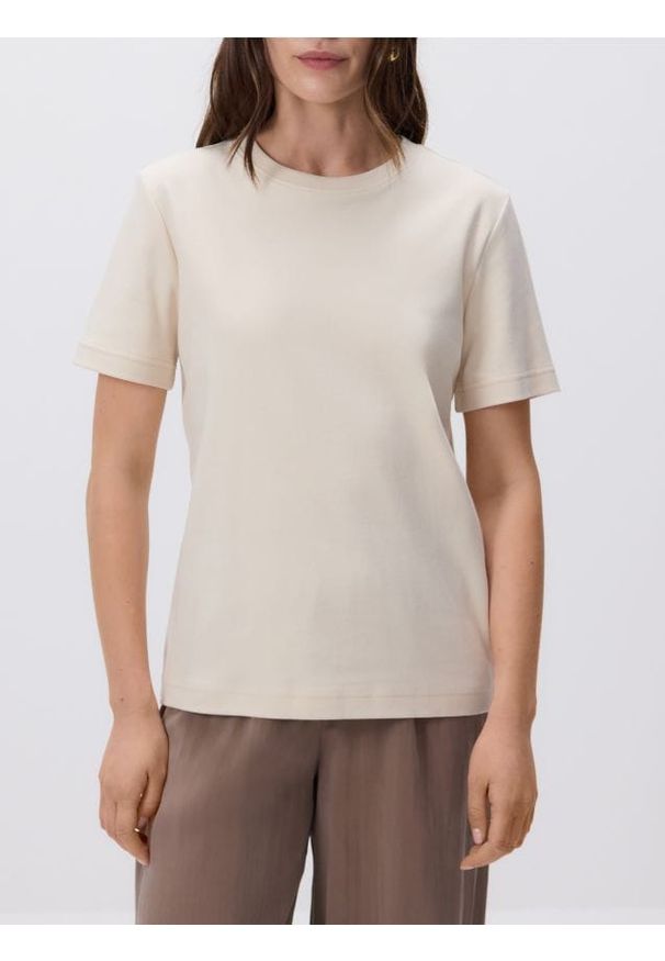 Reserved - T-shirt z bawełny merceryzowanej - beżowy. Kolor: beżowy. Materiał: bawełna