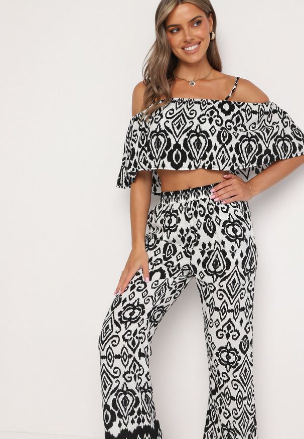 Born2be - Czarno-Biały Bawełniany Komplet Bluzka na Ramiączkach Spodnie z Gumką w Pasie Charivia. Kolor: czarny. Materiał: bawełna
