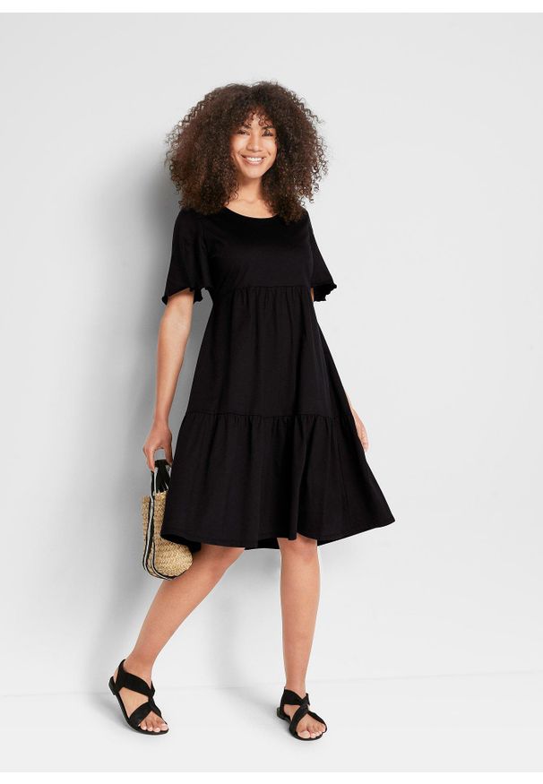 bonprix - Sukienka z dżerseju z czystej bawełny. Typ kołnierza: dekolt w serek. Kolor: czarny. Materiał: jersey, bawełna. Wzór: gładki. Długość: midi