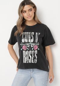 Born2be - Ciemnoszary T-shirt z Bawełny z Napisem Guns N' Roses Pocamona. Kolor: szary. Materiał: bawełna. Wzór: napisy. Styl: rockowy #4