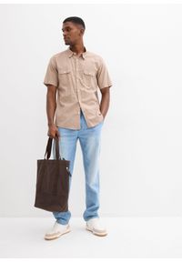 bonprix - Koszulka z krótkim rękawem, z czystej bawełny. Typ kołnierza: kołnierzyk włoski. Kolor: niebieski, brązowy, biały. Materiał: bawełna, materiał. Długość rękawa: krótki rękaw. Długość: krótkie. Sezon: lato #2