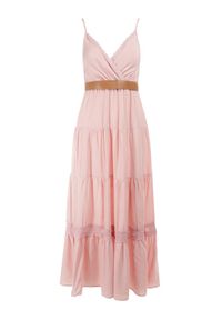 Born2be - Różowa Sukienka z Paskiem Maerea. Typ kołnierza: dekolt kopertowy. Kolor: różowy. Wzór: gładki. Typ sukienki: rozkloszowane, kopertowe. Materiał: koronka. Długość rękawa: na ramiączkach. Sezon: lato. Styl: boho. Długość: maxi #8