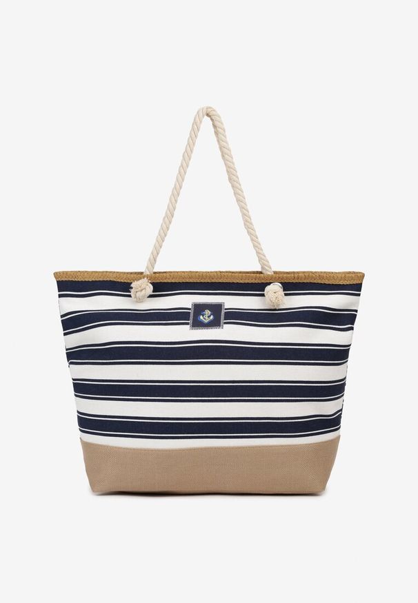Renee - Beżowo-Granatowa Jednokomorowa Torebka Shopperka na Ramię Ozdobiona Plecionką i Sznurkami Renneli. Kolor: beżowy. Wzór: aplikacja. Styl: elegancki, casual. Rodzaj torebki: na ramię