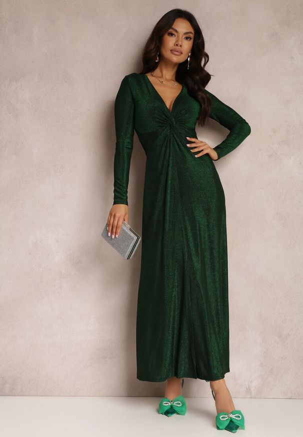 Renee - Zielona Sukienka z Marszczeniem przy Dekolcie Metaliczna Enemelle. Okazja: do pracy, na spotkanie biznesowe. Kolor: zielony. Długość rękawa: długi rękaw. Styl: glamour, elegancki, biznesowy