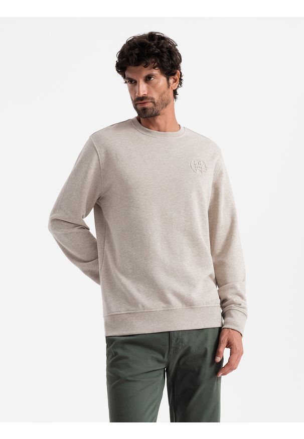 Ombre Clothing - Melanżowa męska bluza dresowa z wyszywanym logotypem – beżowa V2 OM-SSNZ-0163 - XXL. Okazja: na co dzień. Kolor: beżowy. Materiał: dresówka. Wzór: melanż. Styl: elegancki, casual