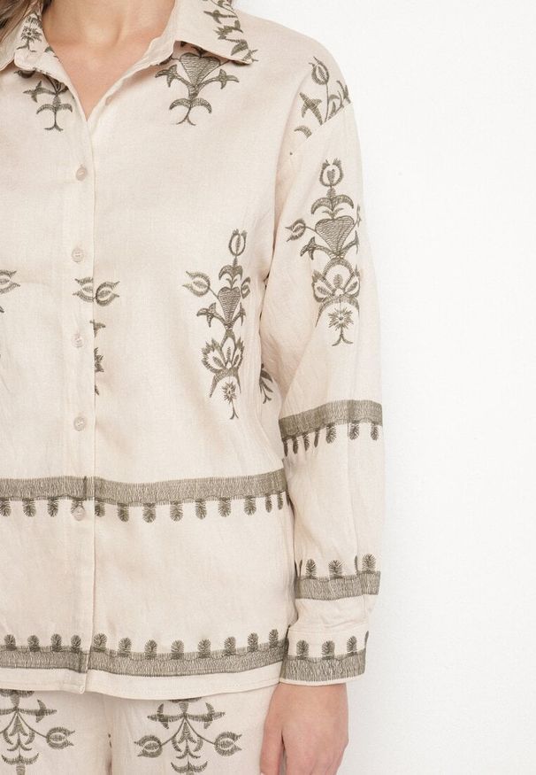Born2be - Beżowy Komplet z Wiskozy w Stylu Boho Koszula i Spodnie Zdobione Haftem Sarhiris. Kolor: beżowy. Materiał: wiskoza. Wzór: aplikacja, haft
