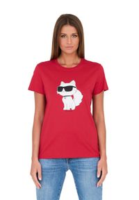 Karl Lagerfeld - KARL LAGERFELD Czerwony t-shirt z kotem. Kolor: czerwony #7