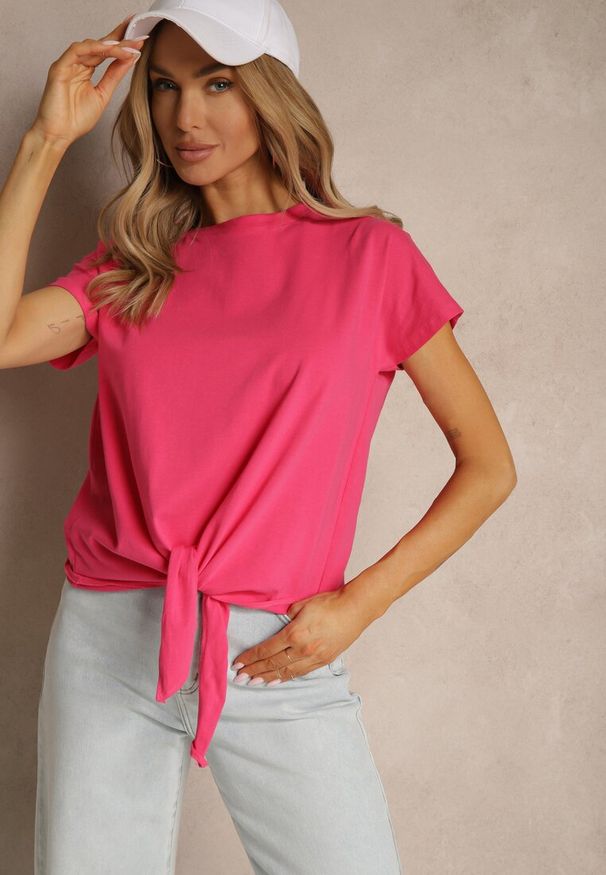 Renee - Różowy Bawełniany T-shirt Wiązany u Dołu Sunalina. Okazja: na co dzień. Kolor: różowy. Materiał: bawełna. Styl: casual