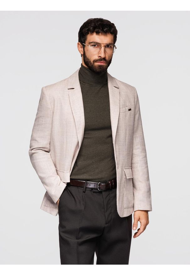 Ombre Clothing - Męska marynarka o kroju REGULAR z lnem - jasnobeżowa V2 - Rozmiar: L. Okazja: do pracy. Kolor: beżowy. Materiał: len. Wzór: aplikacja. Styl: klasyczny, elegancki