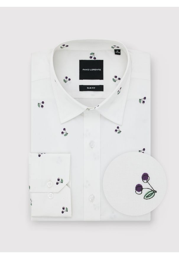 Pako Lorente - PAKO LORENTE - Biała koszula męska w wiśnie. Okazja: na co dzień. Kolor: biały. Materiał: elastan, bawełna. Długość rękawa: długi rękaw. Długość: długie. Styl: casual