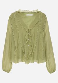 Born2be - Zielona Bluzka Koszulowa z Dekoltem w Serek Zdobiona Falbankami Nailiphis. Okazja: na co dzień, do pracy, na spotkanie biznesowe. Typ kołnierza: dekolt w serek, kołnierz z falbankami. Kolor: zielony. Materiał: jeans. Wzór: aplikacja. Styl: biznesowy, klasyczny, casual, elegancki #5