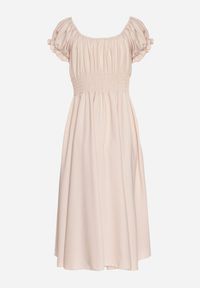 Born2be - Beżowa Sukienka z Bawełną Typu Hiszpanka z Ozdobnymi Bufkami Lunaleia. Okazja: na co dzień. Typ kołnierza: dekolt hiszpanka. Kolor: beżowy. Materiał: bawełna. Styl: klasyczny, casual, elegancki #7