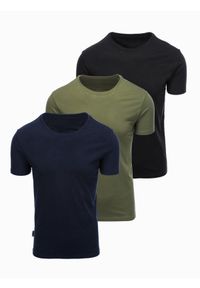 Ombre Clothing - Zestaw męskich bawełnianych t-shirtów BASIC z okrągłym dekoltem – czarny/granatowy/khaki V3 - Rozmiar: XXL. Okazja: na co dzień, do pracy. Kolor: niebieski. Materiał: bawełna. Wzór: gładki. Styl: casual