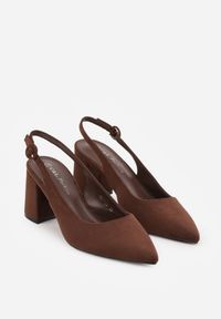 Renee - Brązowe Czółenka na Słupku Typu Slingback Tareina. Okazja: na co dzień. Zapięcie: sprzączka. Kolor: brązowy. Materiał: prążkowany, jeans. Obcas: na słupku. Styl: casual, elegancki #2