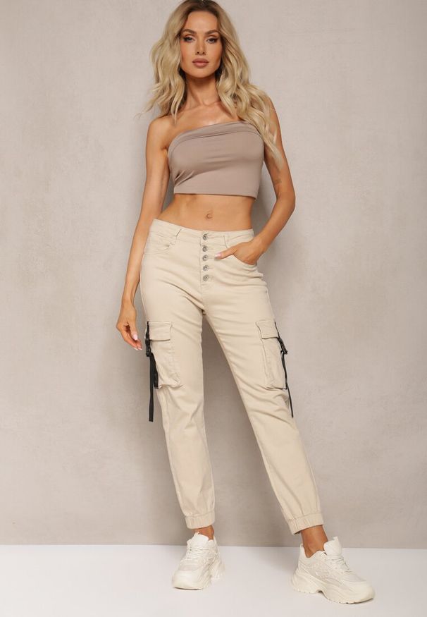 Renee - Jasnobeżowe Spodnie z Bawełny Joggery High Waist Abiranca. Okazja: na co dzień. Stan: podwyższony. Kolor: beżowy. Materiał: bawełna. Styl: casual