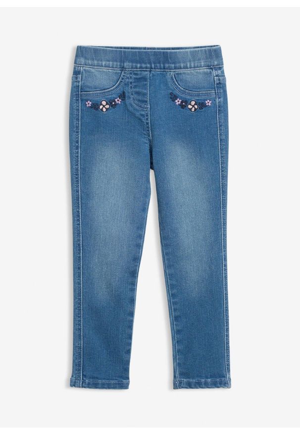 bonprix - Jegginsy mid waist z dodatkiem elastanu i wygodną talią. Kolor: niebieski. Wzór: haft