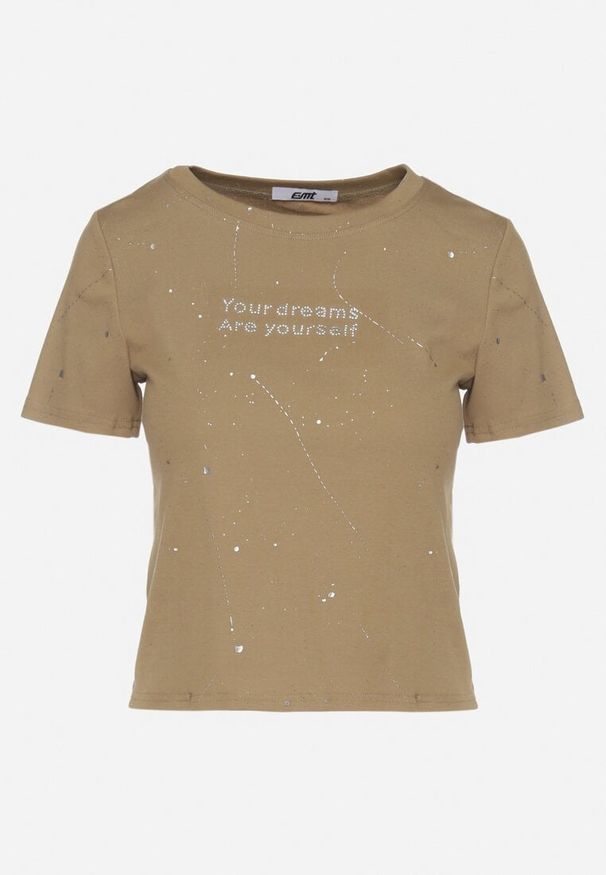 Born2be - Ciemnozielony Bawełniany T-shirt Ozdobiony Cyrkoniami i Brokatem Halirea. Okazja: na co dzień. Kolor: zielony. Materiał: bawełna. Wzór: aplikacja. Styl: glamour, elegancki, casual, sportowy