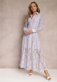 Renee - Fioletowa Koszulowa Sukienka Maxi z Ozdobnymi Guzikami i Cyrkoniami z Koronkowej Tkaniny Armina. Kolor: fioletowy. Materiał: koronka, tkanina. Długość rękawa: długi rękaw. Typ sukienki: koszulowe. Długość: maxi #4