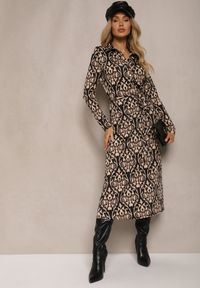 Renee - Czarno-Beżowa Sukienka o Koszulowym Fasonie w Ornamentalny Wzór Mesiena. Okazja: na co dzień. Typ kołnierza: dekolt w kształcie V. Kolor: czarny. Materiał: wiskoza. Długość rękawa: długi rękaw. Typ sukienki: koszulowe. Styl: elegancki, casual #5