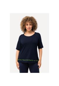 ULLA POPKEN - Damskie T-shirt napisy na rąbku klasyczny krój okrągły dekolt rękaw 1/2. Kolekcja: plus size. Kolor: niebieski. Materiał: wiskoza, poliester, elastan, materiał. Wzór: napisy #1