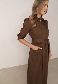 Born2be - Brązowa Rozkloszowana Sukienka Koszulowa w Stylu Retro z Bawełny z Wiązaniem Cirire. Okazja: na co dzień. Kolor: brązowy. Materiał: bawełna. Typ sukienki: koszulowe. Styl: retro #1