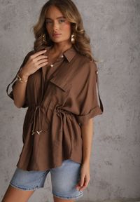 Renee - Brązowa Koszula Typu Nietoperz Utility z Lnem i Wiskozą z Wiązaniem w Talii Fyserynore. Kolor: brązowy. Materiał: wiskoza, len. Sezon: lato #4