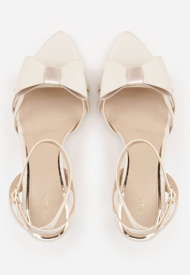 Renee - Beżowe Sandały na Szpilce VICES Ozdobione z Przodu Kokardką Sparkle. Zapięcie: sprzączka. Kolor: beżowy. Materiał: tiul, satyna. Wzór: aplikacja. Obcas: na szpilce