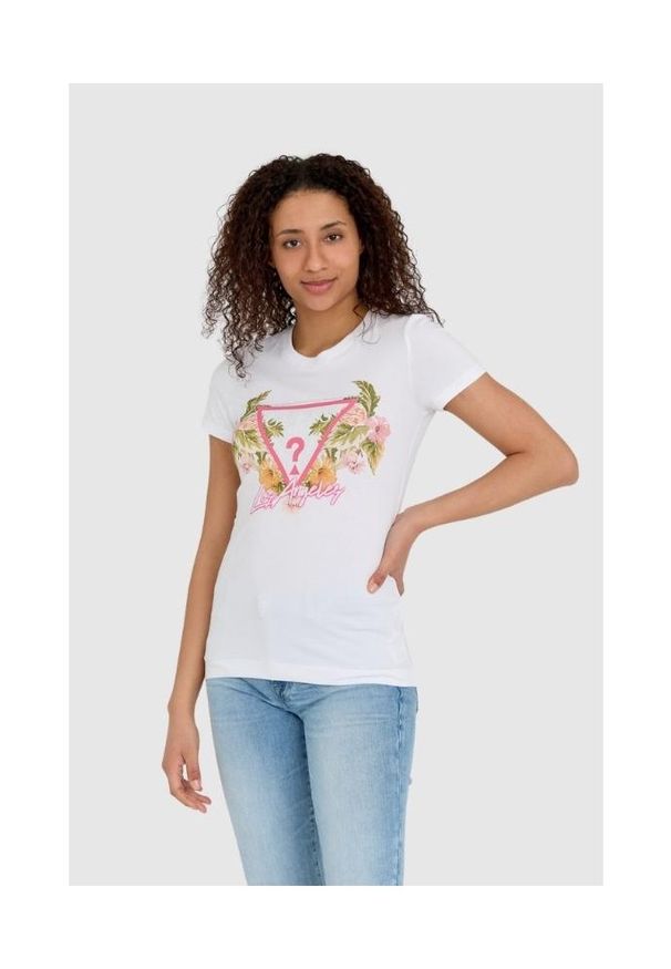 Guess - GUESS Biały t-shirt damski z logo z kwiatami i dżetami slim fit. Kolor: biały. Materiał: bawełna. Wzór: kwiaty