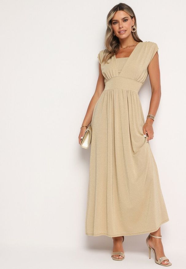 Born2be - Jasnożółta Rozkloszowana Sukienka z Gumką w Talii Zdobiona Metaliczną Nicią Fagelia. Okazja: na co dzień. Kolor: żółty. Długość rękawa: krótki rękaw. Wzór: aplikacja. Typ sukienki: proste. Styl: casual, glamour