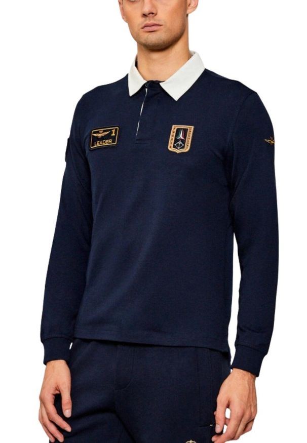 Aeronautica Militare - AERONAUTICA MILITARE Granatowy bawełniany męski longsleeve polo, Rozmiar L. Okazja: na co dzień. Typ kołnierza: polo. Kolor: niebieski. Materiał: bawełna. Długość rękawa: długi rękaw. Wzór: haft. Styl: sportowy, casual