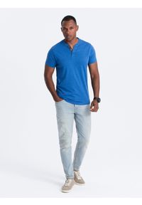 Ombre Clothing - Męski t-shirt z okrągłym rozpinanym dekoltem henley – niebieski V2. Okazja: na co dzień. Typ kołnierza: typu henley. Kolor: niebieski. Materiał: poliester, bawełna. Styl: casual #4