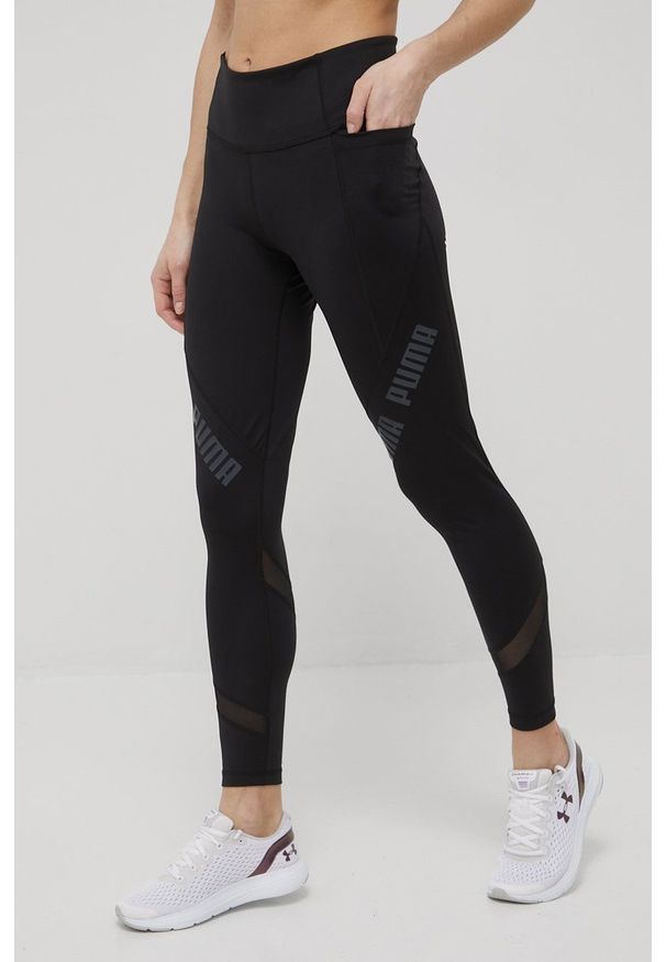 Puma legginsy treningowe Logo Eversculpt damskie kolor czarny z nadrukiem. Stan: podwyższony. Kolor: czarny. Materiał: skóra, materiał. Wzór: nadruk. Sport: fitness