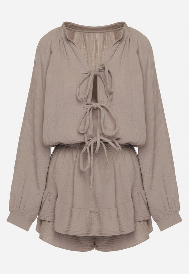 Born2be - Ciemnobeżowy Wiązany Bawełniany Kombinezon Boho z Falbankami i Wiązaniem Lalelia. Kolor: beżowy. Materiał: bawełna. Sezon: lato. Styl: boho