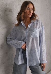 Renee - Niebieska Koszula Oversize z Tencelu w Paski z Haftowanym Wzorem Tidore. Okazja: na co dzień. Kolor: niebieski. Materiał: jeans, materiał, poliester. Wzór: haft, paski. Styl: elegancki, casual #1