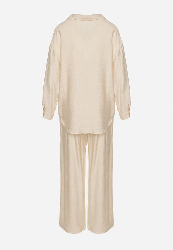 Born2be - Jasnobeżowy Komplet z Wiskozy Koszula i Spodnie Sesanila. Kolor: beżowy. Materiał: wiskoza. Wzór: kolorowy