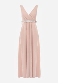 Renee - Różowa Rozkloszowana Sukienka z Wycięciem i Paskiem w Cyrkonie Elineta. Kolor: różowy. Materiał: materiał. Styl: elegancki #6