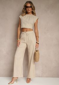 Renee - Jasnobeżowe Spodnie z Lnem o Szerokim Kroju z Gumką w Talii Filarive. Okazja: na co dzień. Kolor: beżowy. Materiał: len. Sezon: lato, wiosna. Styl: elegancki, casual #4