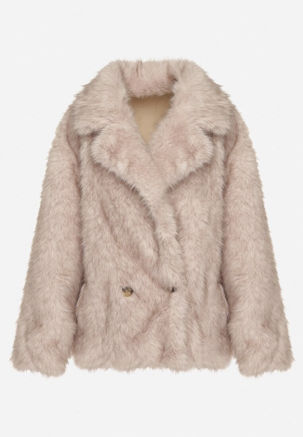 Born2be - Beżowa Dwurzędowa Kurtka Futerko o Fasonie Oversize Asinella. Okazja: na randkę, na spacer, na co dzień. Kolor: beżowy. Materiał: futro. Styl: casual