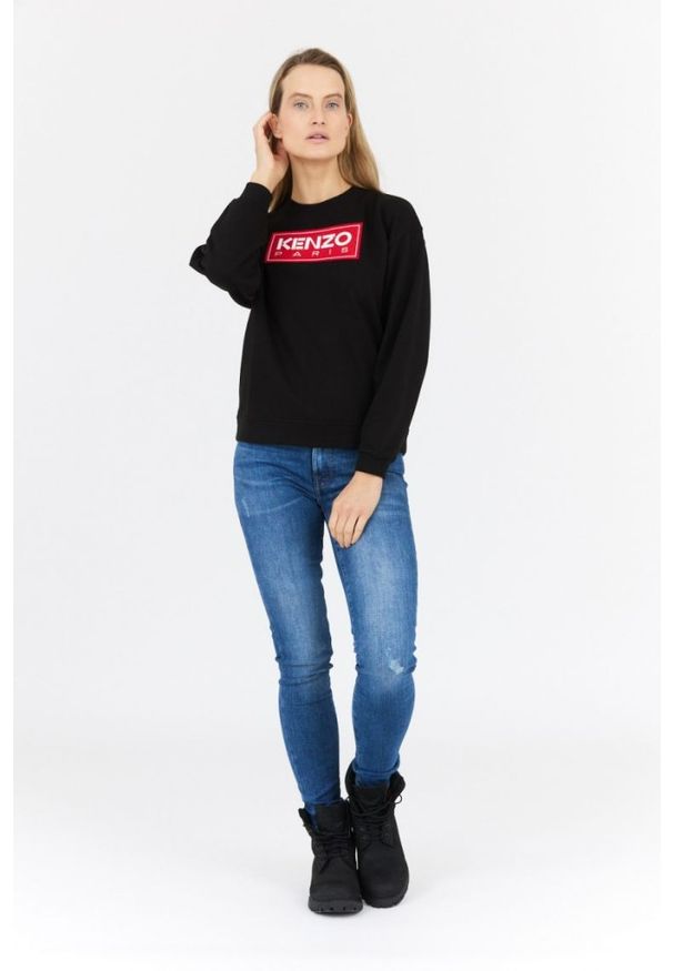 Kenzo - KENZO Czarna bluza damska z aplikacją z logo, Rozmiar M. Kolor: czarny. Wzór: aplikacja