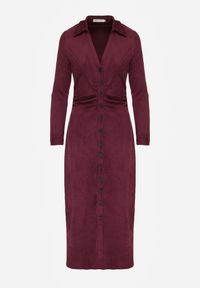 Born2be - Bordowa Koszulowa Sukienka z Imitacji Zamszu z Marszczeniem w Talii Eselea. Okazja: na co dzień. Typ kołnierza: kołnierzyk klasyczny, dekolt w serek. Kolor: czerwony. Materiał: zamsz. Typ sukienki: koszulowe. Styl: klasyczny, casual, elegancki #4