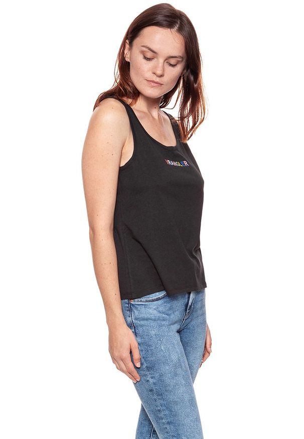 Wrangler - WRANGLER T SHIRT DAMSKI TANK BLACK W7387EV01 112131060. Okazja: na co dzień. Długość rękawa: na ramiączkach. Wzór: nadruk, kolorowy. Styl: casual