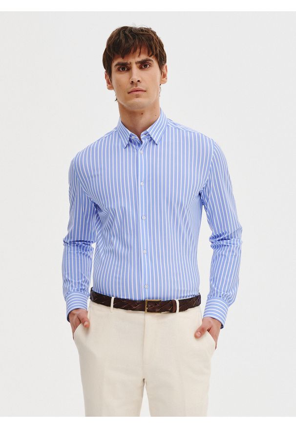 Pako Lorente - PAKO LORENTE - Dzianinowa koszula męska w paski. Materiał: dzianina. Długość rękawa: długi rękaw. Długość: długie. Wzór: paski