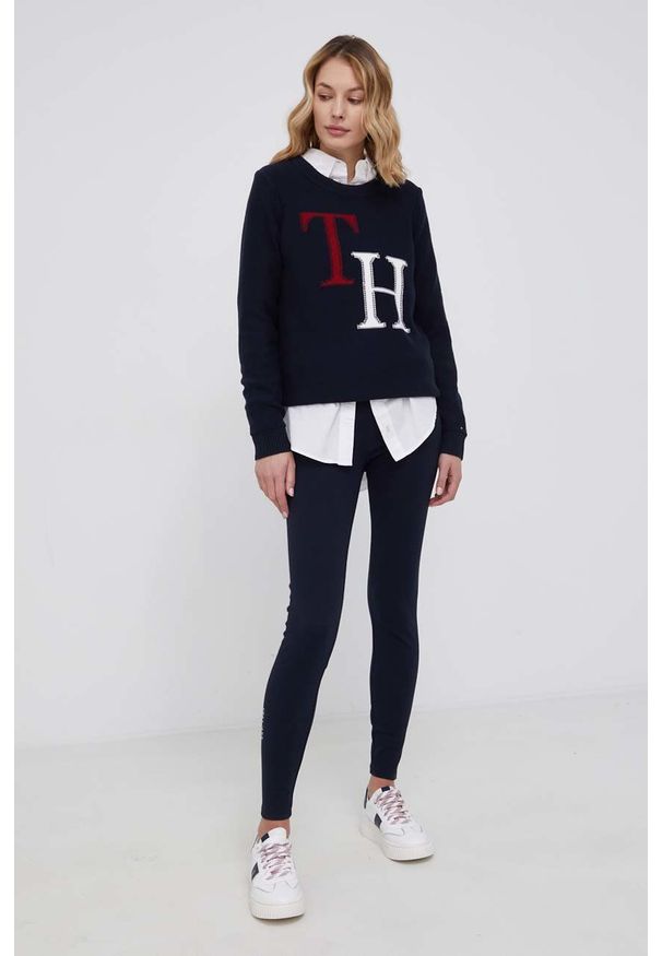 TOMMY HILFIGER - Tommy Hilfiger Legginsy damskie kolor granatowy z nadrukiem. Stan: podwyższony. Kolor: niebieski. Wzór: nadruk