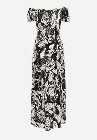Born2be - Czarno-Biała Rozkloszowana Sukienka z Wiskozy Typu Hiszpanka z Marszczonym Dekoltem Daleri. Typ kołnierza: dekolt hiszpanka. Kolor: czarny. Materiał: wiskoza. Długość rękawa: krótki rękaw. Wzór: kwiaty. Sezon: lato. Styl: elegancki, klasyczny #2